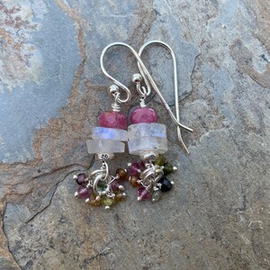 Moonstone and Pink Tourmaline Earrings with Sterling Silver and Watermelon Tourmaline Dangle Clusters, 1.5 inch image 1