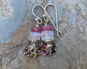 Moonstone and Pink Tourmaline Earrings with Sterling Silver and Watermelon Tourmaline Dangle Clusters, 1.5 inch