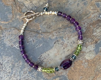 Amethyst Bracelet with Peridot, Blue Topaz and Sterling Silver, Choose 7.5 inches
