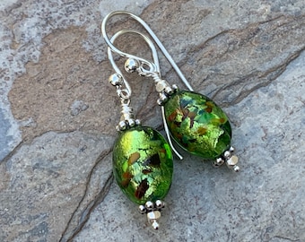 Green Foil Lined Glass Earrings with Sterling Silver, 1.5 inches long