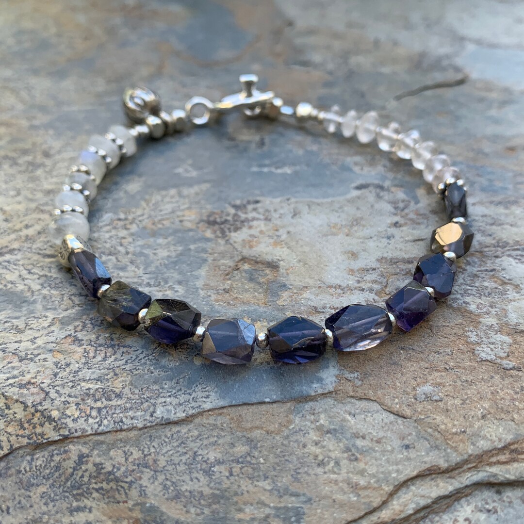 Iolite Bracelet With Rainbow Moonstone and Sterling Silver , 7.5 Inch ...