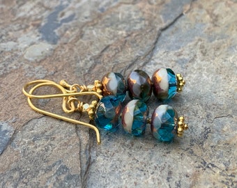 Aqua blue Stack Earrings with Vermeil Gold, 1.75 inch