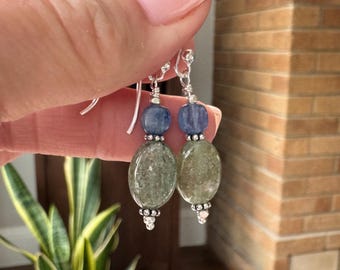 Green and Blue Kyanite Earrings with Sterling Silver, 1.75 inch