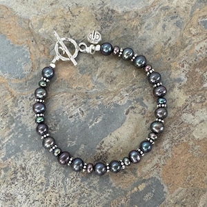Bracelet de perles paon et argent sterling, 7,5 pouces