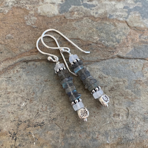 Labradorite Earrings with Moonstone and Hill Tribe Sterling Silver, 1.75 inch