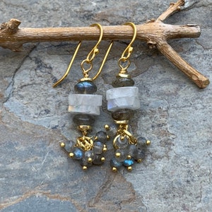 Rainbow Moonstone, Labradorite and Vermeil Gold Earrings with Labradorite Dangle Clusters. 1.5 inches