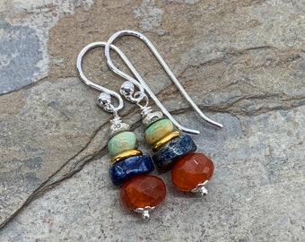 Colorful Multi Gemstone Earrings with Vermeil Gold and Sterling Silver, 1.25 inch