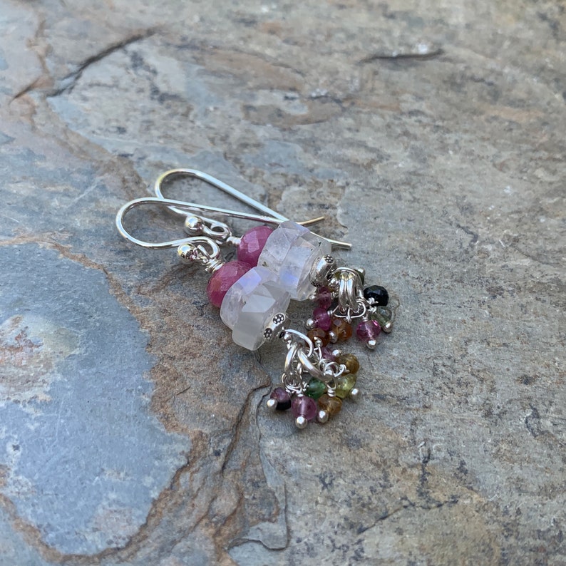 Moonstone and Pink Tourmaline Earrings with Sterling Silver and Watermelon Tourmaline Dangle Clusters, 1.5 inch image 4