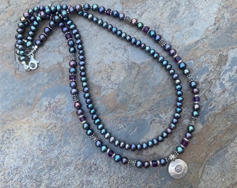 Double Stranded Peacock Pearl Necklace with Amethyst, Labradorite and Sterling Hill Tribe Silver, 20 inch