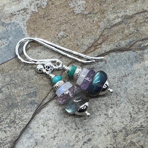 Multi Gemstone Stack Earrings featuring  Labradorite, Amethyst, Moonstone, Turquoise and Sterling Silver, 1.5 inch