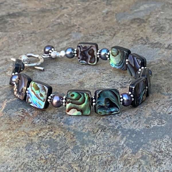 Abalone Bracelet with Black Peacock Pearls and Sterling Silver, 7.5 inches