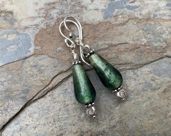 Green Teardrop Earrings with Sterling Silver, 1.75 inch