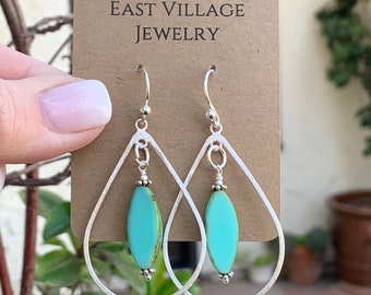 Large Sterling Silver Teardrop Earrings with Aqua Glass Dangle, 2.25 inches