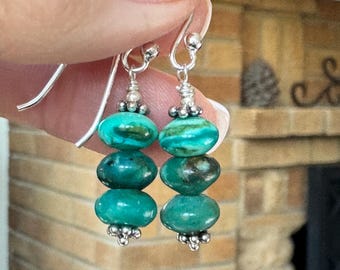 Chrysocolla Earrings with Sterling Silver, 1.5 inches long