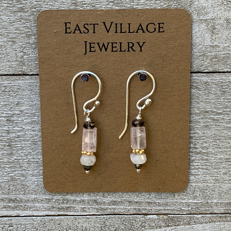 Gold Vermeil and Sterling Silver 1.25 inch Rose Quartz Earrings with Moonstone Smokey Quartz