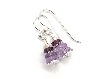 Amethyst Earrings with Garnet and Sterling Silver, 1.25 inches long