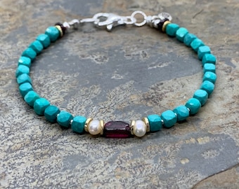 Turquoise Bracelet with Garnet, Pearls, Gold Vermeil and Sterling Silver, 7.5 inches