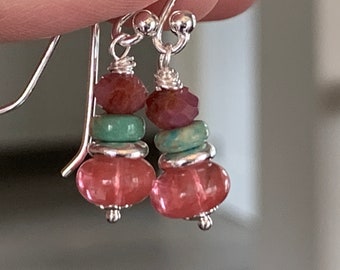 Pink and Turquoise Earrings with Sterling Silver, 1.25 inches