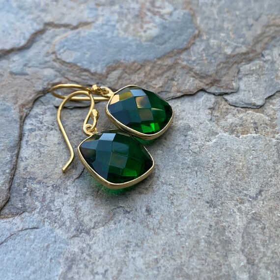 Emerald Green Quartz Earrings, Bezel Setting, Vermeil Gold, 1.25 inches