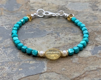 Turquoise Bracelet with Citrine, Pearls, Gold Vermeil and Sterling Silver, 7.5 inches