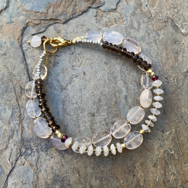 Rose Quartz with Smokey Topaz and Moonstone Bracelet with Vermeil Gold, 7.5 inch