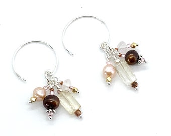 Warm Toned Cluster Earrings with Gemstones, Pearls and Sterling Silver, 1.5 inches