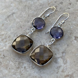 Long Smokey Brown and Purple Quartz Earrings, Bezel Setting, 2 inches