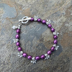 Purple Pearl Bracelet with White Dangle Clusters and Sterling Silver, 7.5 inches long