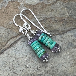 Turquoise and Amethyst Earrings with Sterling Silver, 1.5 inch
