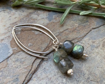 Labradorite Earrings on Sterling Silver Marquise Wires, 2 inches long