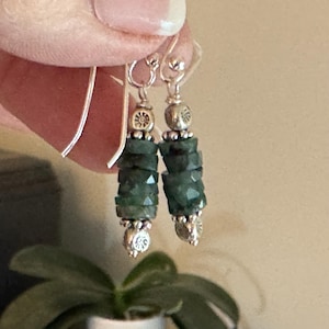 Emerald Earrings with Sterling Hill Tribe Silver, 1.75 inch