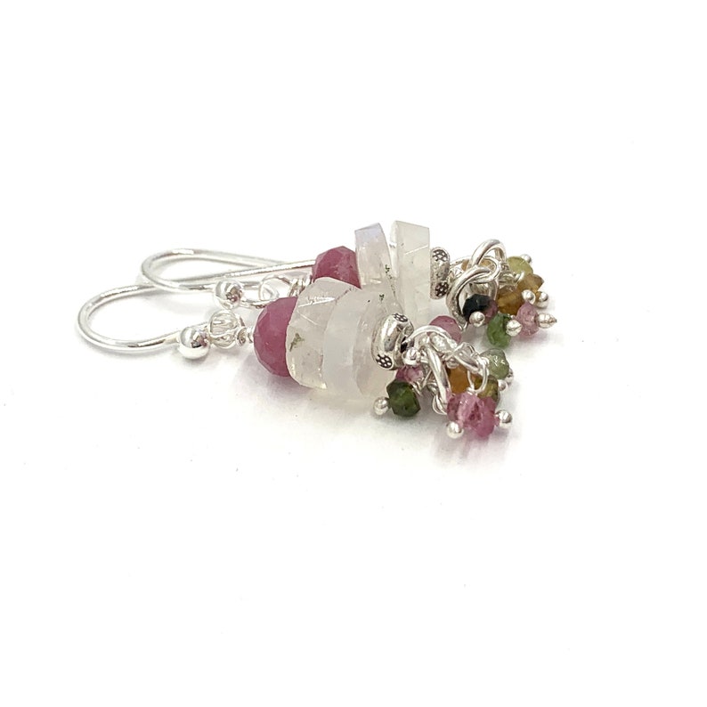 Moonstone and Pink Tourmaline Earrings with Sterling Silver and Watermelon Tourmaline Dangle Clusters, 1.5 inch image 5