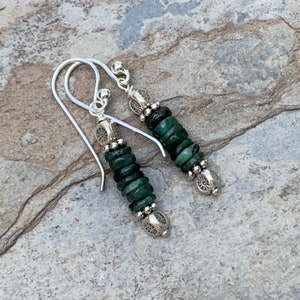 Raw Emerald Earrings with Sterling Hill Tribe Silver, 1.75 inch
