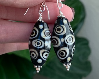 Long Black and White Earrings, Lampwork Glass, 2.25 inches long