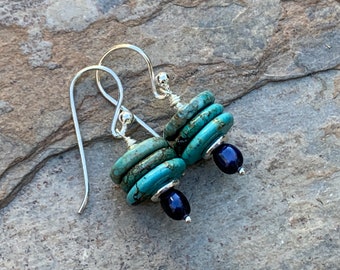 Stacked Turquoise Earrings with Sterling Silver, 1.5 inch