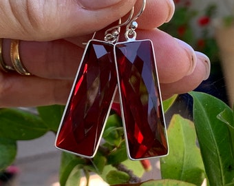 Long Rectangle Garnet Bezel Earrings, set in Sterling Silver, 2 inch