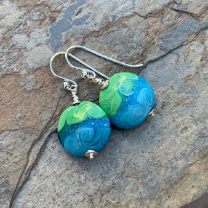 Blue and Green Ocean Wave Earrings, 1.5 inch