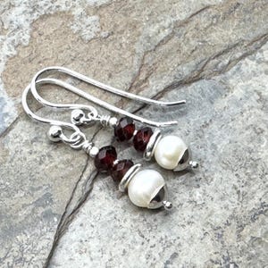 Pearl Earrings with Garnet and Sterling Silver, 1.25 inch