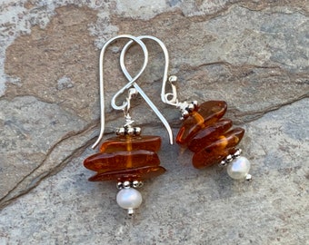 Amber and Pearl Earrings, 1.5 inch