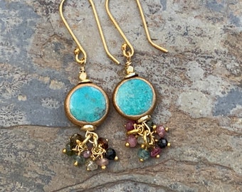 Turquoise Earrings with Gold-Copper Edge and Tourmaline Dangles, 2 inches long