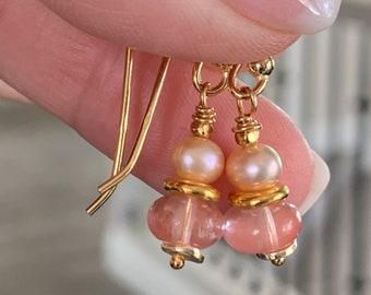 Pink and Gold Earrings, Gemstone and Pearls with Vermeil Gold, 1.25 inch