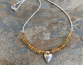 Citrine Necklace with Sterling Hill Tribe Silver and Heart Pendant, 18 inch