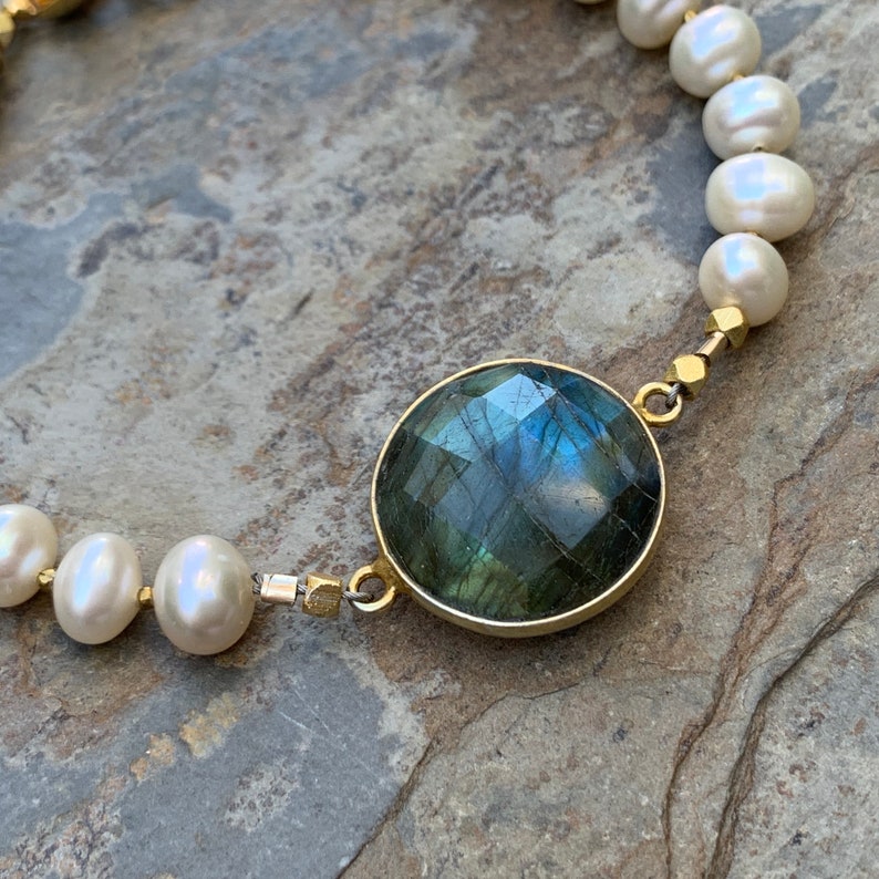 Pearl Bracelet with Labradorite and gold vermeil accents 7.25 inches