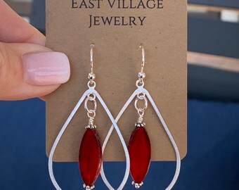 Large Sterling Silver Teardrop Earrings with Red Glass Dangle, 2.25 inches