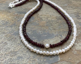 Pearl and Garnet Necklace, Double Strand, 20 inch