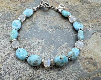 Larimar Bracelet with Moonstone and Karen Hill Tribe Silver, 7.5 inches