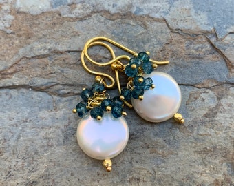 Pearl Earrings with Blue Quartz Clusters and Vermeil Gold, Grade AAA Pearls, 1.5 inches