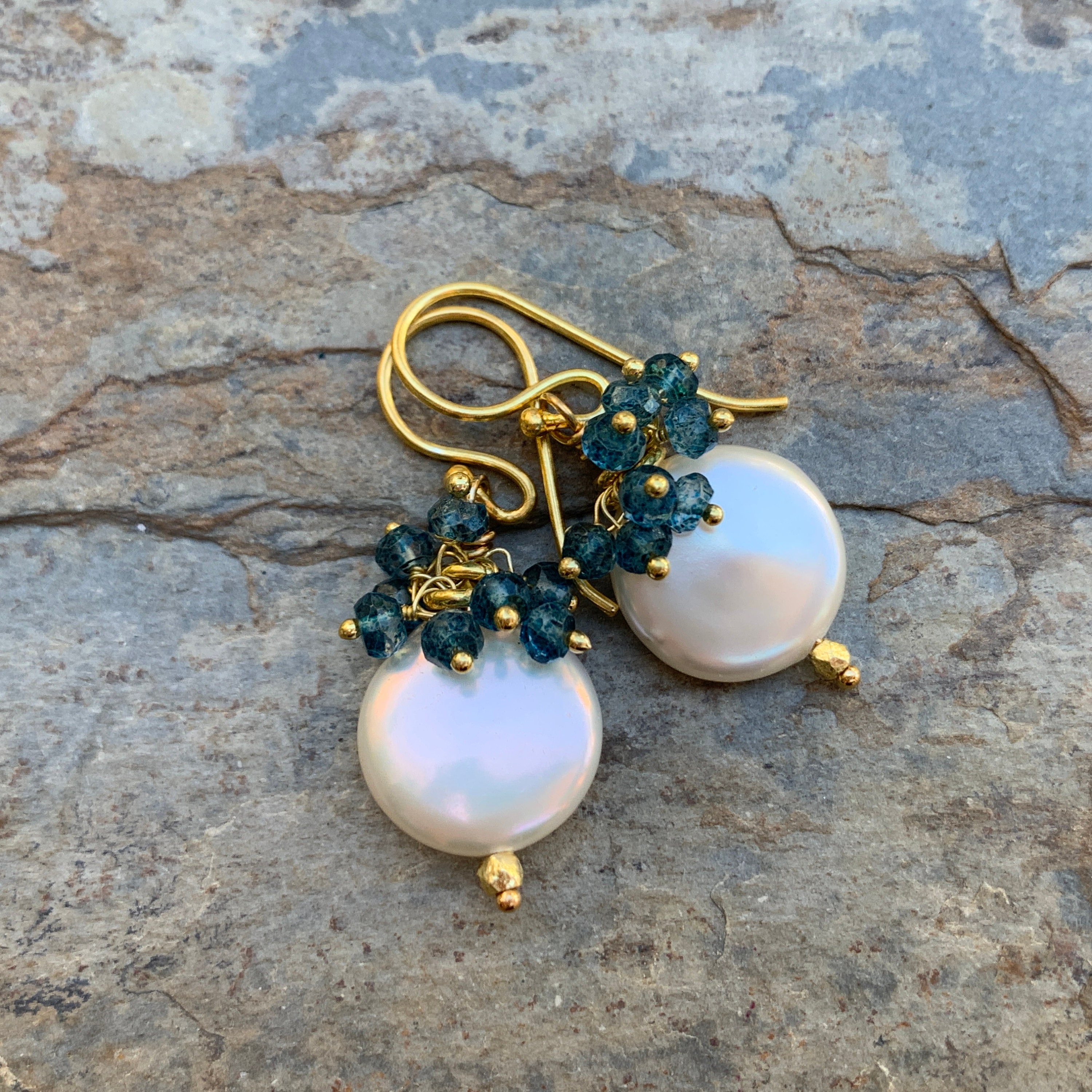 Pearl Earrings With Blue Quartz Clusters and Vermeil Gold, Grade