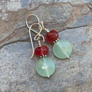 Light Green Chalcedony Earrings with Pink Chalcedony and Sterling Silver, 1.5 inches