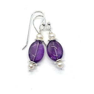 Amethyst Earrings with Pearls and Sterling Silver, 1.5 inches long